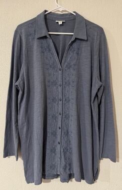 Whimsigoth Geometric Embroidered Soft Knit Shacket Cottagecore Dusty Blue Tunic